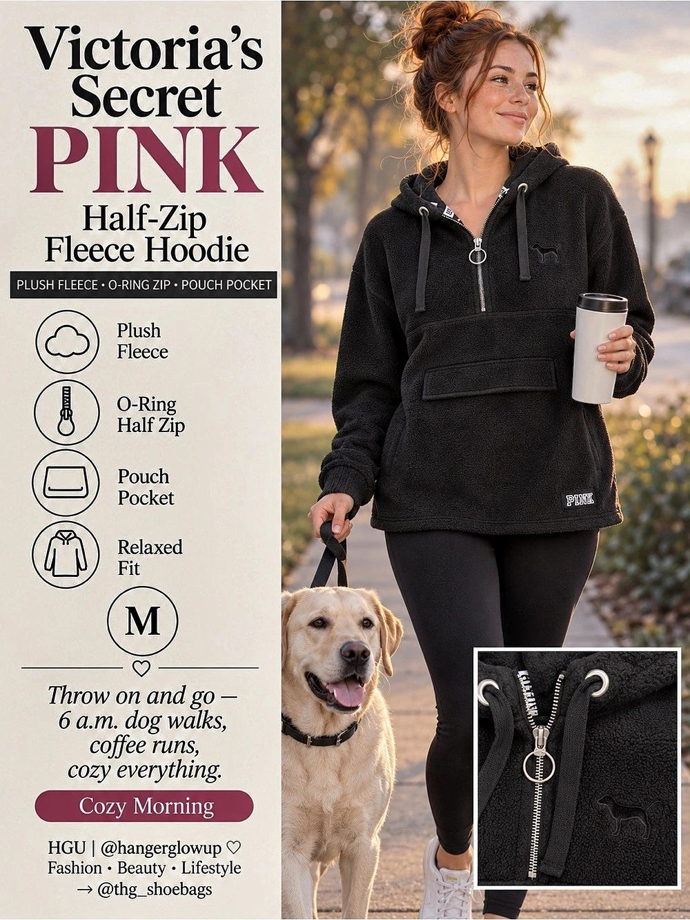PINK Victoria’s Secret Black Fleece Half Zip Hoodie Dog Logo M